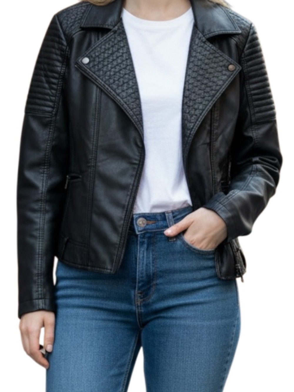 Black Faux Leather Moto Jacket - Women